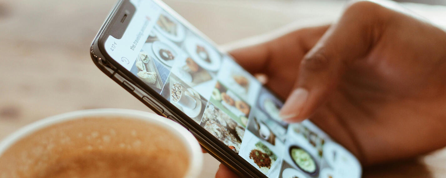 browsing social media captions with coffee